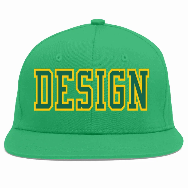 Baseball Cap For Baseball Game Days-Custom Teal Kelly Green-Gold Flat Eaves Sport Baseball Cap