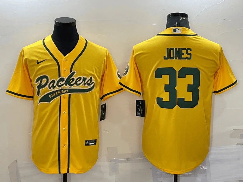 Baseball Jersey For Personalized Gifts-Men's Green Bay Packers #33 Aaron Jones Yellow With Patch Cool Base Stitched Baseball Jersey