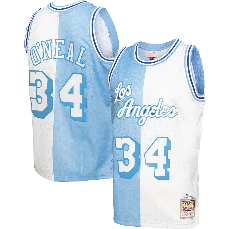 Basketball Jersey With Custom Player Design-Shaquille O'neal Los Angeles Lakers Big & Tall Hardwood Classics 1996/97 Split Swingman Basketball Jersey - Powder Blue/white