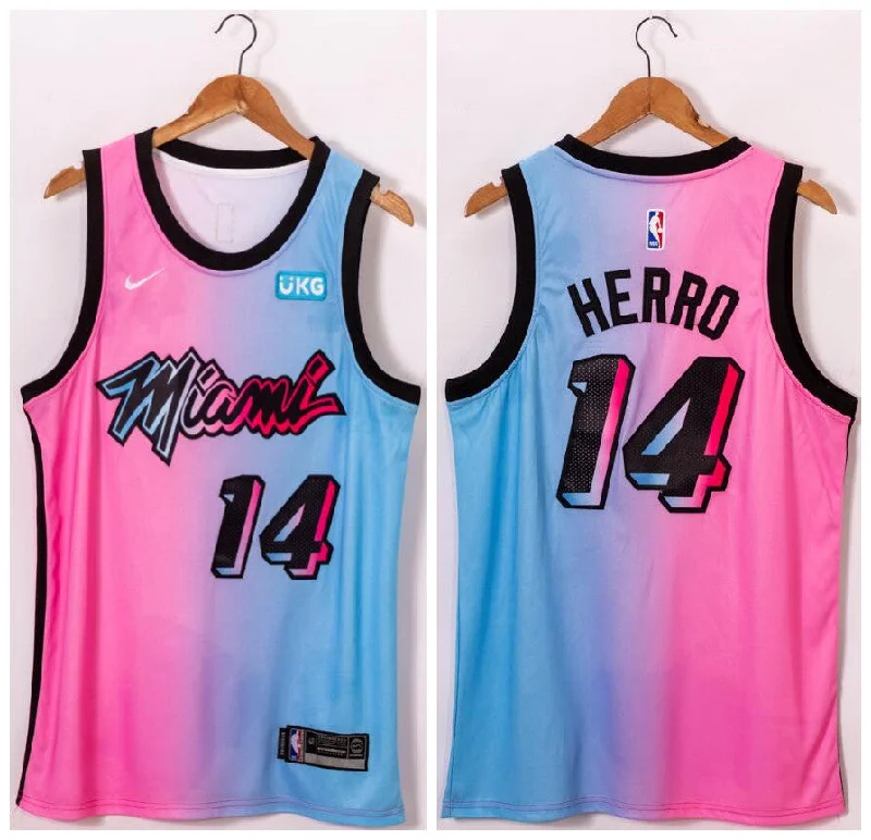 Basketball Jersey With Team Logo Embroidery-Heat 14 Tyler Herro Blue Pink 2021 City Edition Swingman Basketball Jersey