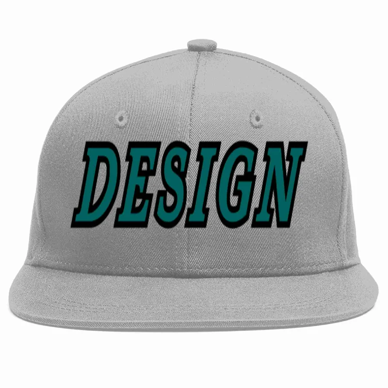 Baseball Cap With Custom Stitching Designs-Custom Gray Aqua-Black Flat Eaves Sport Baseball Cap Design for Men/Women/Youth