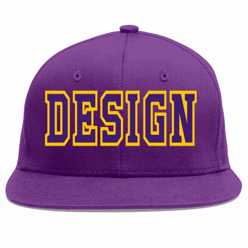 Baseball Cap With Player Numbering-Custom Purple purple-Gold Flat Eaves Sport Baseball Cap Design for Men/Women/Youth