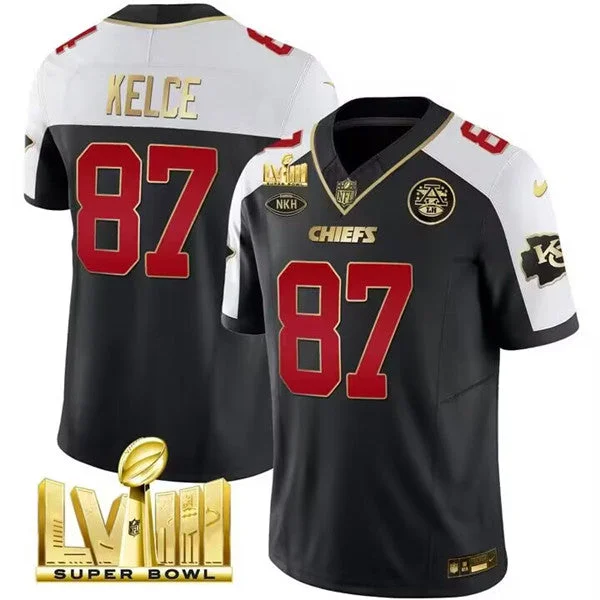 Football Jersey For Custom Event Orders-Men's Kansas City Chiefs #87 Travis Kelce Black/White 2024 F.U.S.E. Super Bowl LVIII Patch With "NKH" Patch Vapor Untouchable Limited Football Stitched Jersey