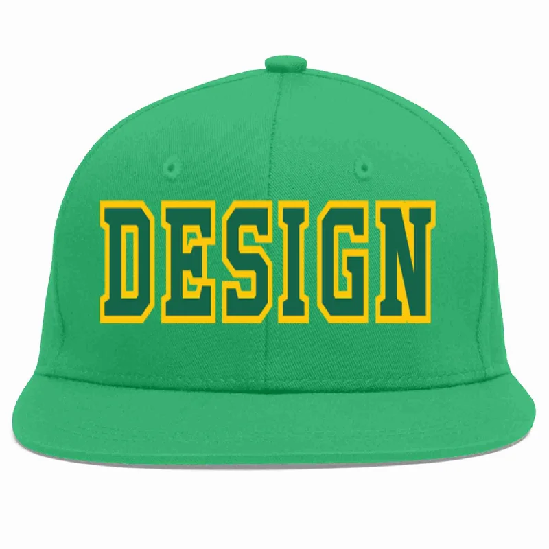 Baseball Cap With Personalized Graphics-Custom Teal Kelly Green-Gold Flat Eaves Sport Baseball Cap