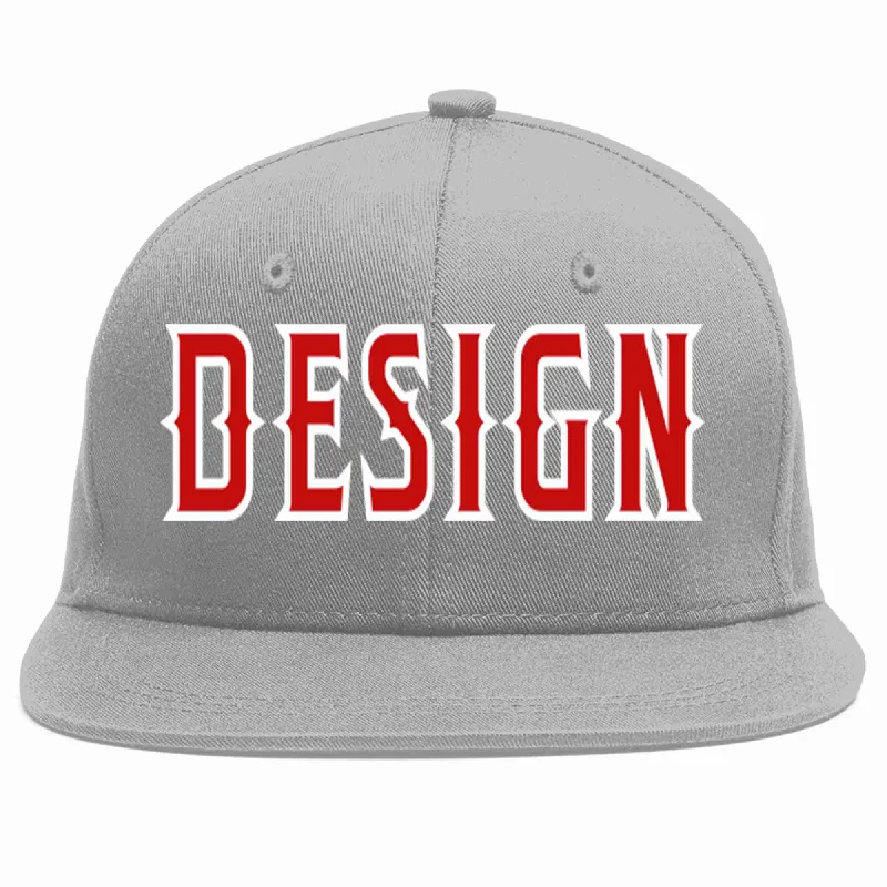 Baseball Cap For Special Edition Fan Gear-Custom Gray Red-White Flat Eaves Sport Baseball Cap Design for Men/Women/Youth