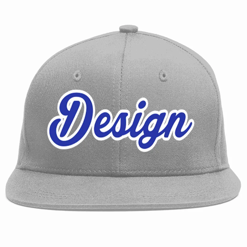 Baseball Cap For Event Merchandise-Custom Gray Royal-White Flat Eaves Sport Baseball Cap Design for Men/Women/Youth