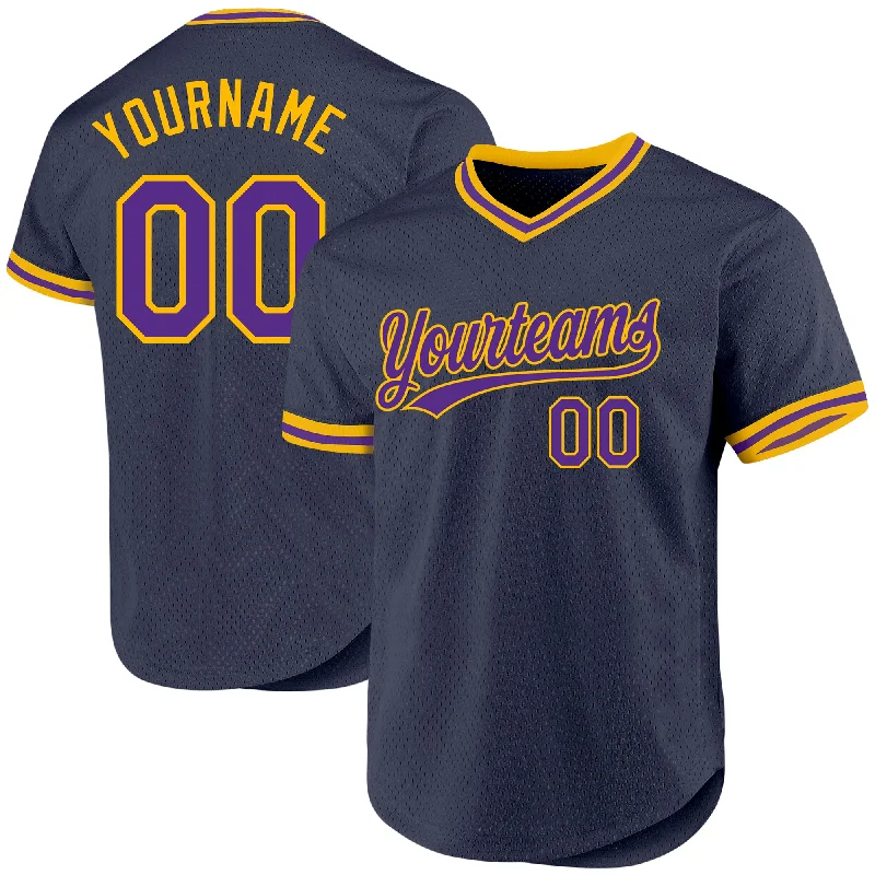 Baseball Jersey For Sports Fans-Custom Navy Purple-Gold Authentic Throwback Baseball Jersey