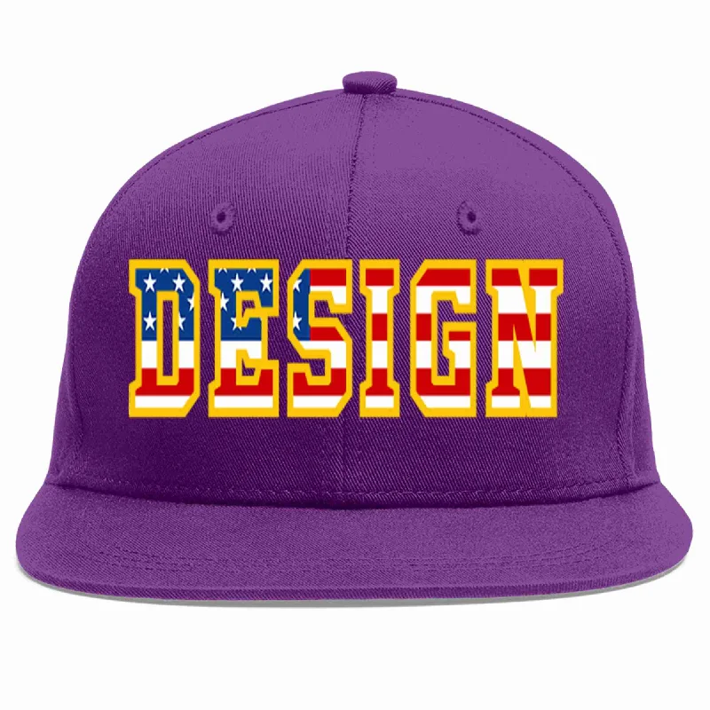 Baseball Cap For High-Quality Materials-Custom Purple Vintage USA Flag-Gold Flat Eaves Sport Baseball Cap Design for Men/Women/Youth