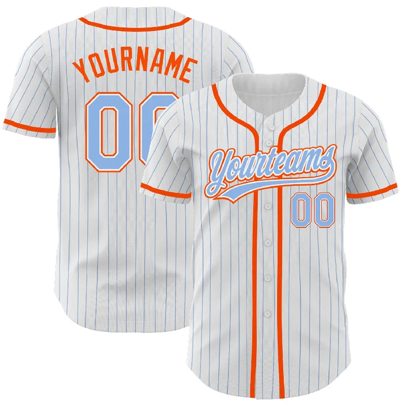 Baseball Jersey For Fan Custom Gear Orders-Custom White Light Blue Pinstripe Light Blue-Orange Authentic Baseball Jersey