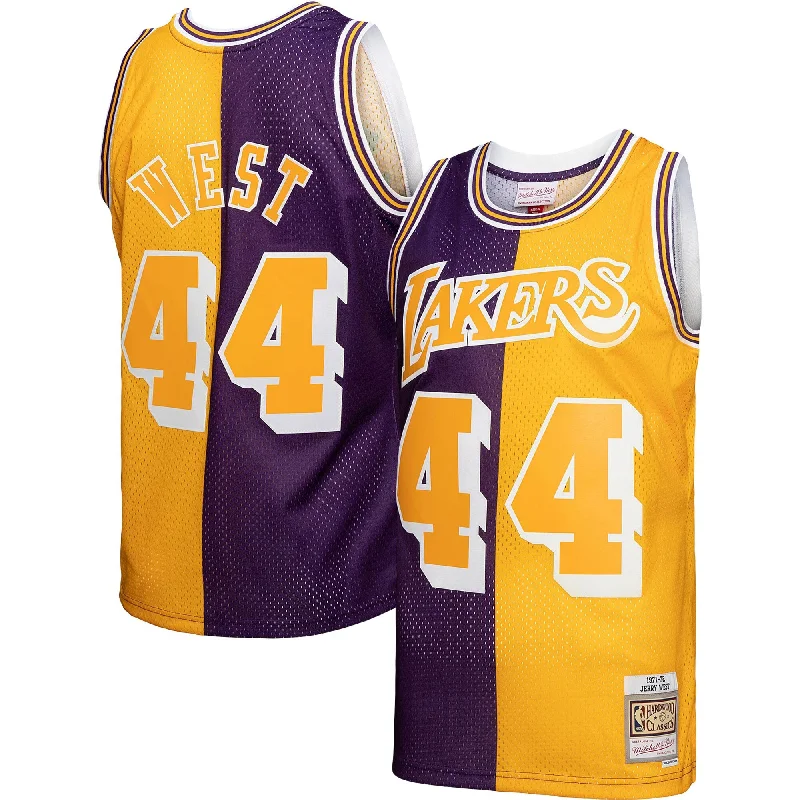 Basketball Jersey For Personalized Fan Gear-Jerry West Los Angeles Lakers Hardwood Classics 1971/72 Split Swingman Basketball Jersey - Purple/gold