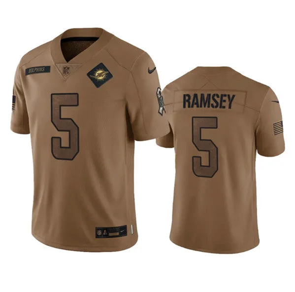 Football Jersey For School Fan Orders-Men's Miami Dolphins #5 Jalen Ramsey 2023 Brown Salute To Service Limited Football Stitched Jersey