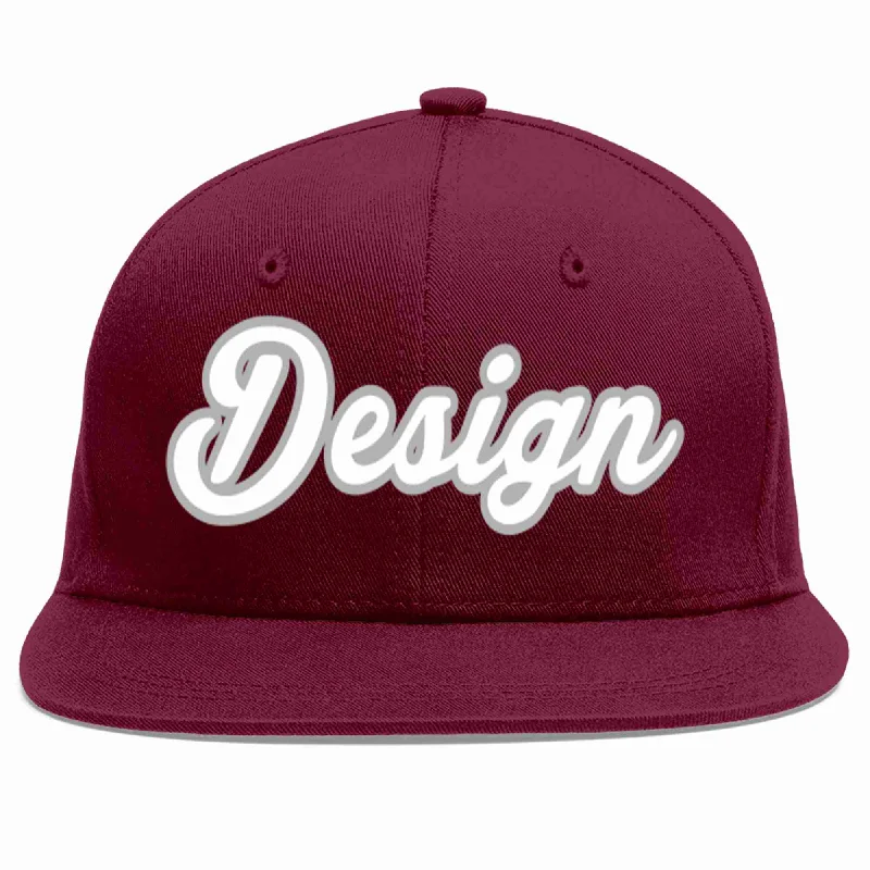 Baseball Cap With Personalized Design-Custom Crimson White-Gray Flat Eaves Sport Baseball Cap Design for Men/Women/Youth