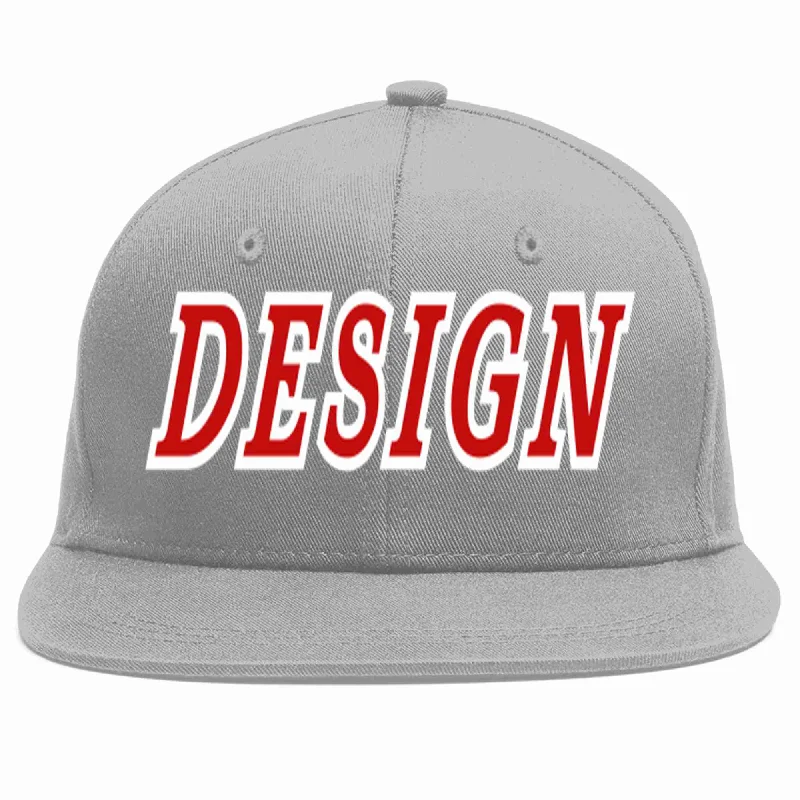 Baseball Cap For Team Logo Embroidery-Custom Gray Red-White Flat Eaves Sport Baseball Cap Design for Men/Women/Youth