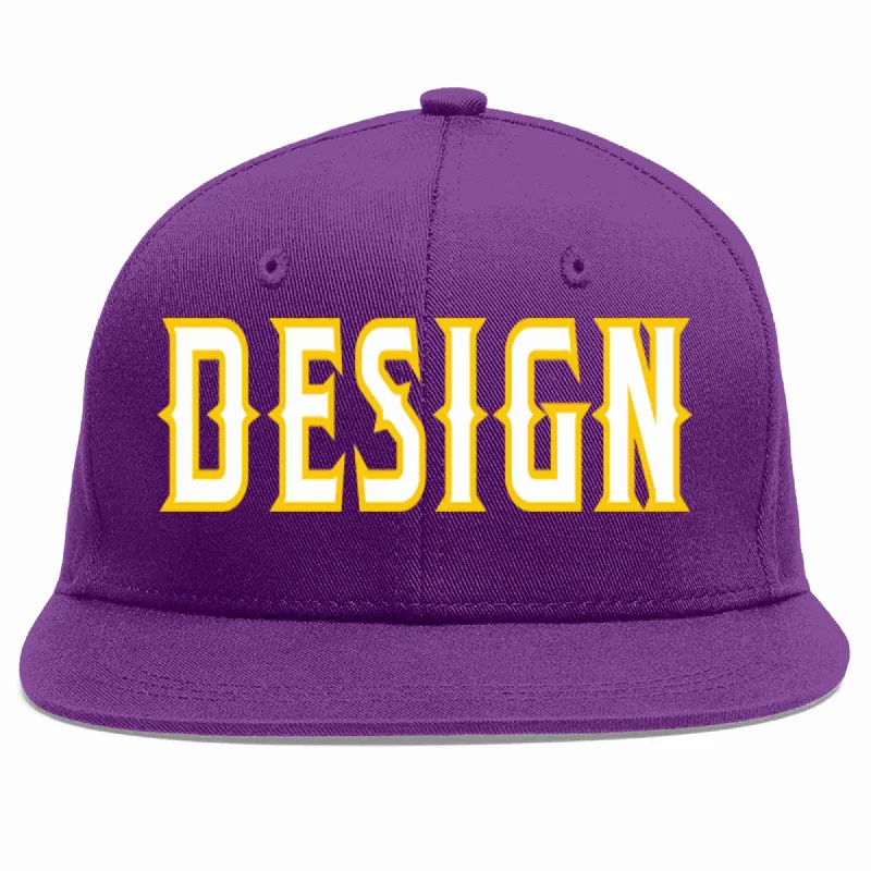 Baseball Cap With Custom Patch Designs-Custom Purple White-Gold Flat Eaves Sport Baseball Cap Design for Men/Women/Youth