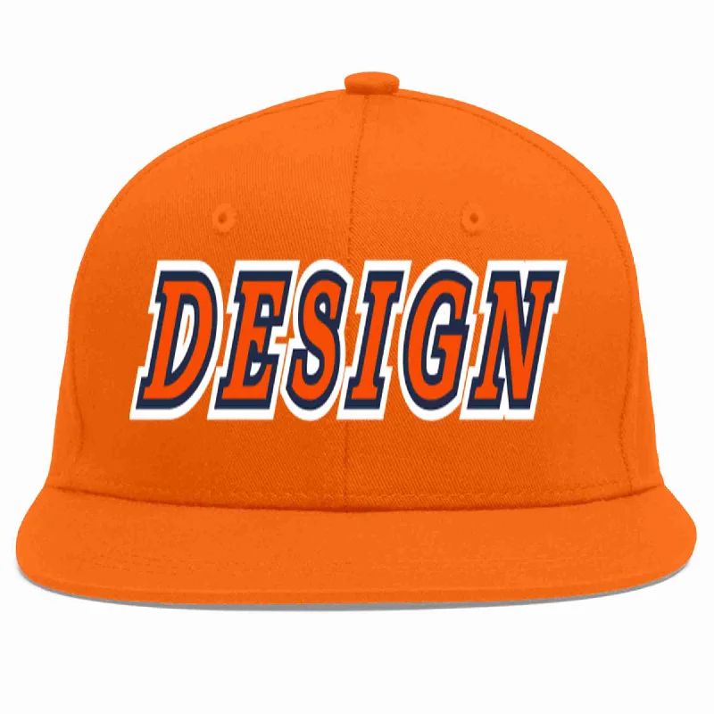 Baseball Cap With Custom Player Logos-Custom Orange Orange-Navy Flat Eaves Sport Baseball Cap Design for Men/Women/Youth