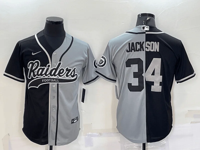 Baseball Jersey For Promotional Sales-Men's Las Vegas Raiders #34 Bo Jackson Black Grey Split With Patch Cool Base Stitched Baseball Jersey