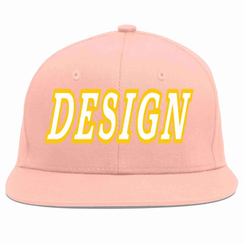 Baseball Cap For College Sports Teams-Custom Pink White-Gold Flat Eaves Sport Baseball Cap Design for Men/Women/Youth