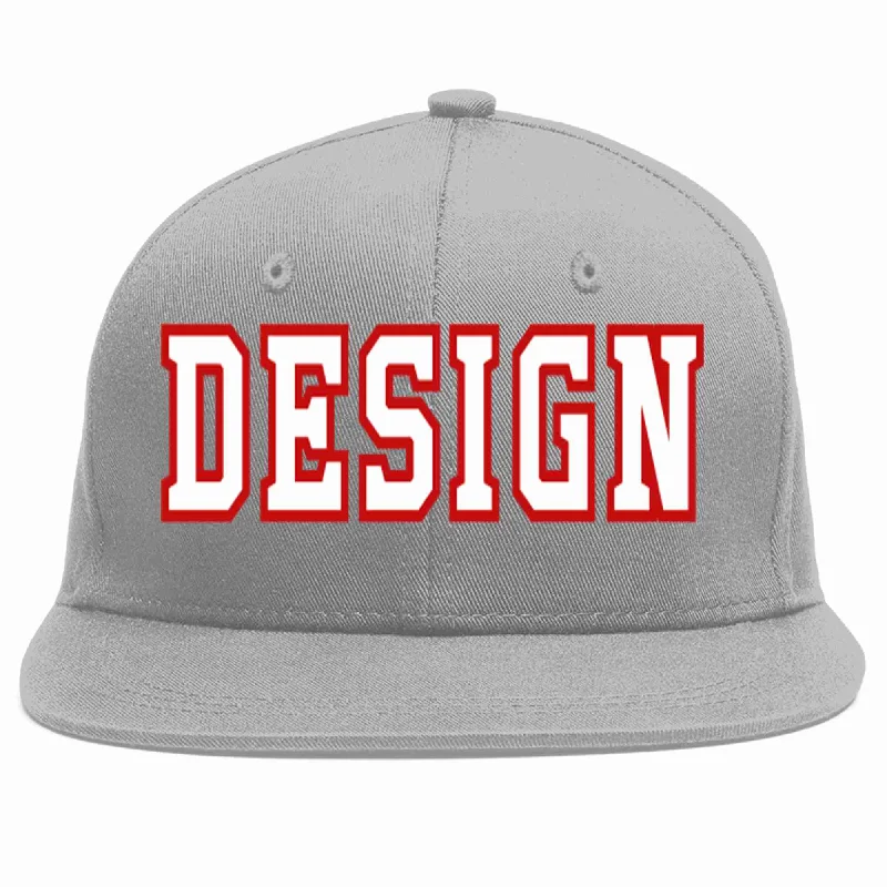 Baseball Cap For Team Supporters And Fans-Custom Gray White-Red Flat Eaves Sport Baseball Cap Design for Men/Women/Youth