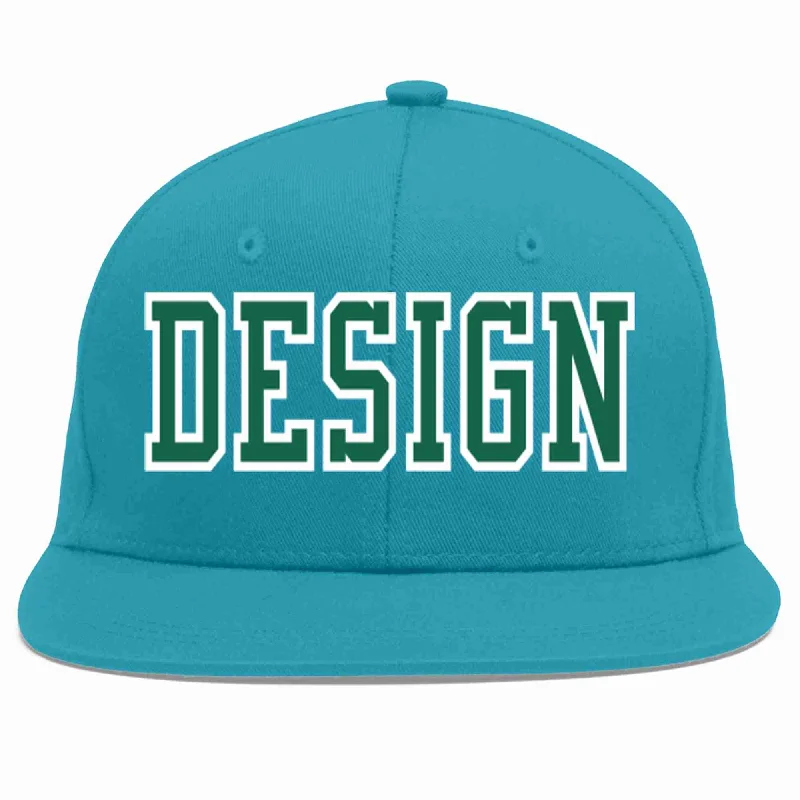 Baseball Cap For Official Team Apparel-Custom Aqua Green-White Flat Eaves Sport Baseball Cap Design for Men/Women/Youth