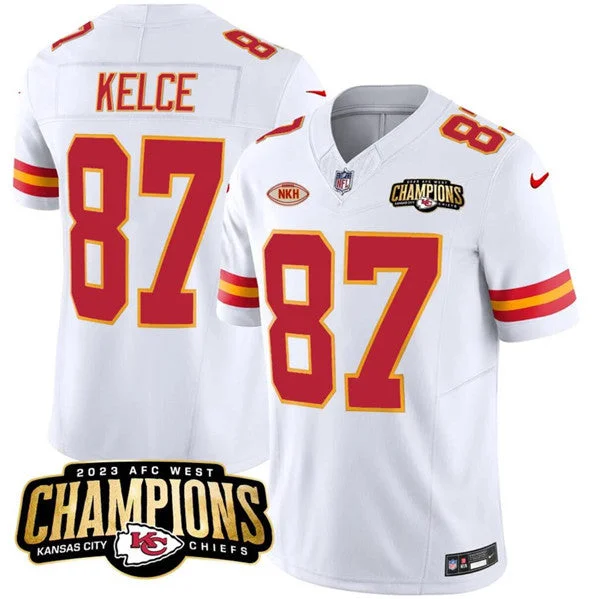 Football Jersey For Official Merchandise-Men’s Kansas City Chiefs #87 Travis Kelce White 2023 F.U.S.E. AFC West Champions With "NKH" Patch Vapor Untouchable Limited Football Stitched Jersey