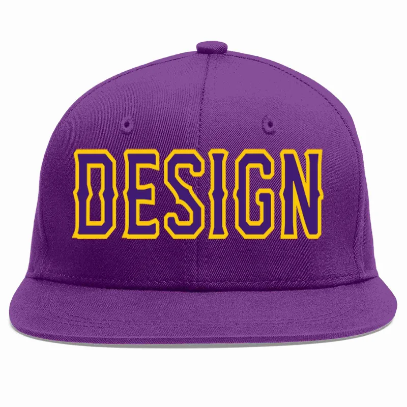 Baseball Cap For Charity Events-Custom Purple purple-Gold Flat Eaves Sport Baseball Cap Design for Men/Women/Youth