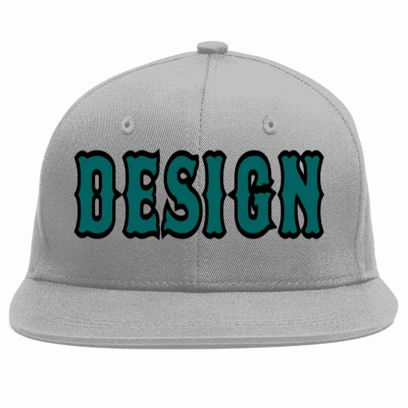 Baseball Cap For College Fan Orders-Custom Gray Aqua-Black Flat Eaves Sport Baseball Cap Design for Men/Women/Youth