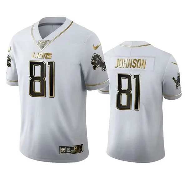 Football Jersey For Softball Custom Merchandise-Men's Detroit Lions #81 Calvin Johnson White 100th Season Golden Edition Vapor Untouchable Limited Football Stitched Jersey