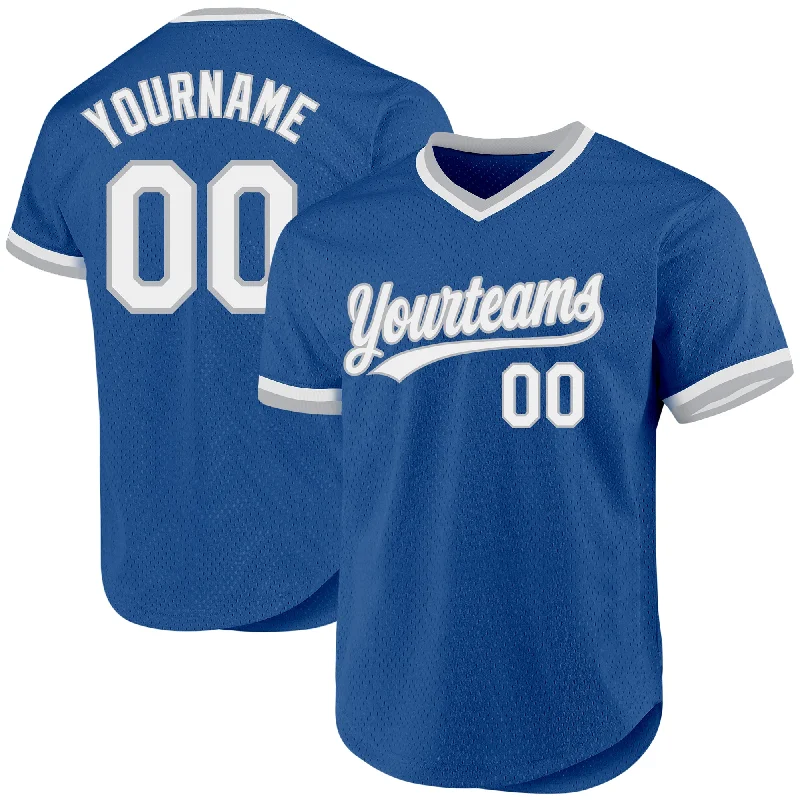 Baseball Jersey For School Team Orders-Custom Blue White-Gray Authentic Throwback Baseball Jersey