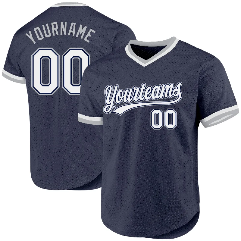 Baseball Jersey For School Fan Orders-Custom Navy White-Gray Authentic Throwback Baseball Jersey