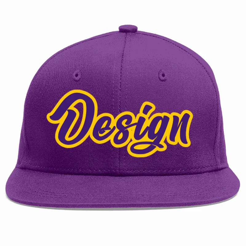 Baseball Cap With Custom Fit Options-Custom Purple purple-Gold Flat Eaves Sport Baseball Cap Design for Men/Women/Youth