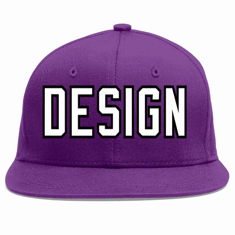 Baseball Cap For Custom League Apparel-Custom Purple White-Black Flat Eaves Sport Baseball Cap Design for Men/Women/Youth