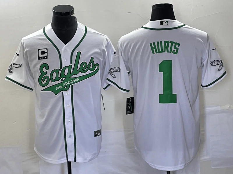 Baseball Jersey For Custom Fan Clothing-Men's Philadelphia Eagles #1 Jalen Hurts White C Patch Cool Base Stitched Baseball Jersey