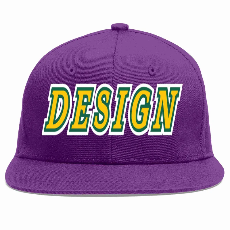 Baseball Cap With Unique Designs-Custom Purple Gold-Kelly Green Flat Eaves Sport Baseball Cap Design for Men/Women/Youth