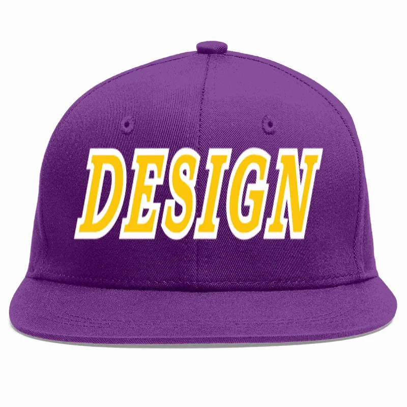 Baseball Cap For Outdoor Sports-Custom Purple Gold-White Flat Eaves Sport Baseball Cap Design for Men/Women/Youth