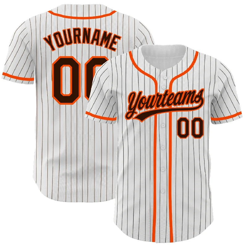 Baseball Jersey For Group Customization-Custom White Brown Pinstripe Brown-Orange Authentic Baseball Jersey