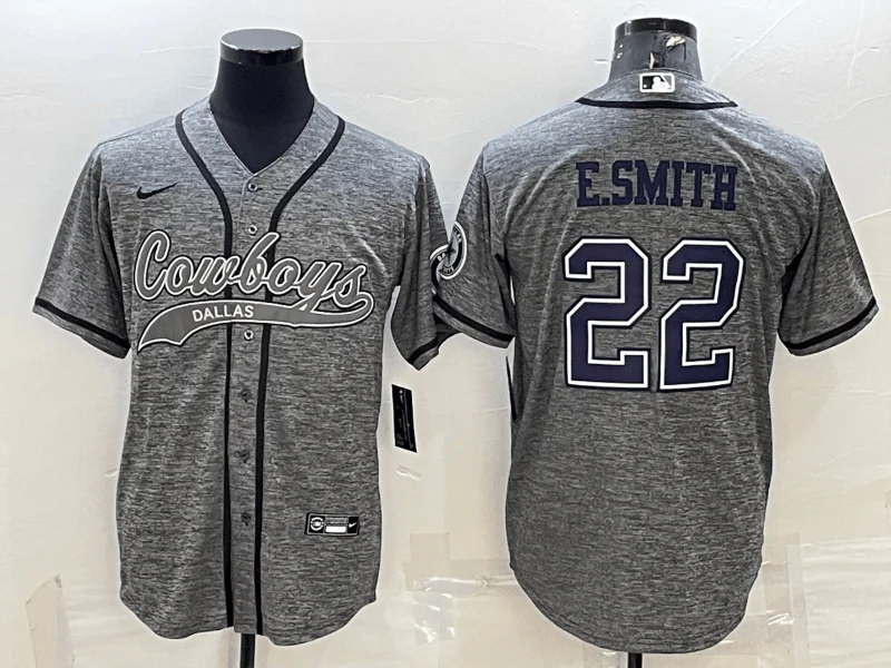 Baseball Jersey For School Fundraisers-Men's Dallas Cowboys #22 Emmitt Smith Grey Gridiron With Patch Cool Base Stitched Baseball Jersey