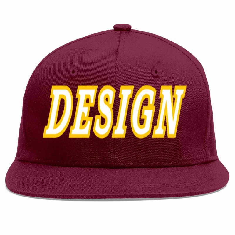 Baseball Cap With Custom Stitching Designs-Custom Crimson White-Gold Flat Eaves Sport Baseball Cap Design for Men/Women/Youth