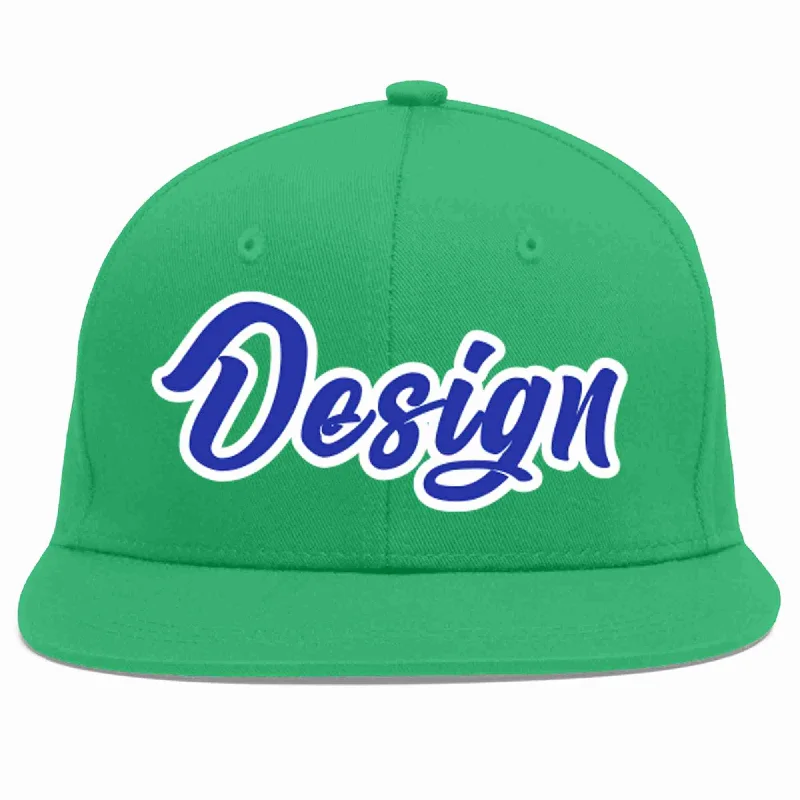 Baseball Cap With Custom Patches And Logos-Custom Teal Royal-White Flat Eaves Sport Baseball Cap