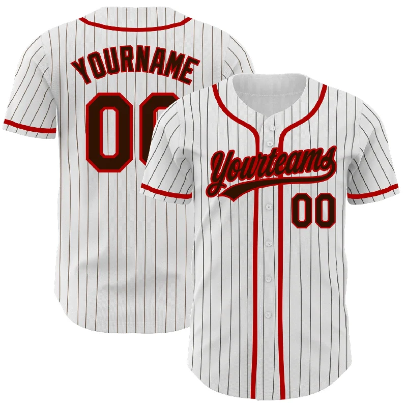 Baseball Jersey For Event And Tournament Gear-Custom White Brown Pinstripe Brown-Red Authentic Baseball Jersey