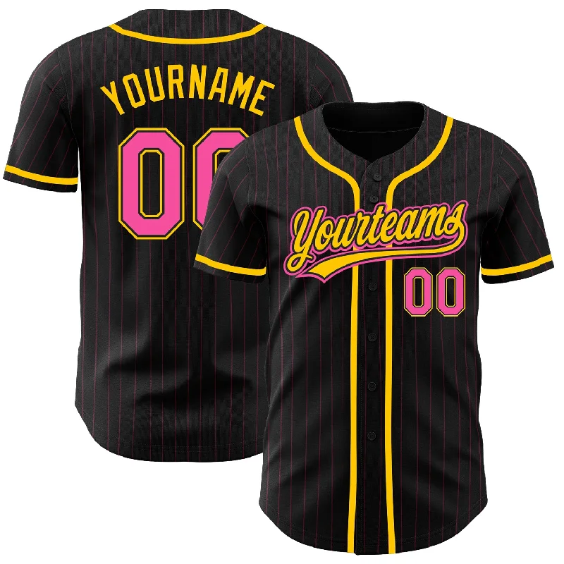 Baseball Jersey For Youth Sports Teams-Custom Black Pink Pinstripe Pink-Yellow Authentic Baseball Jersey