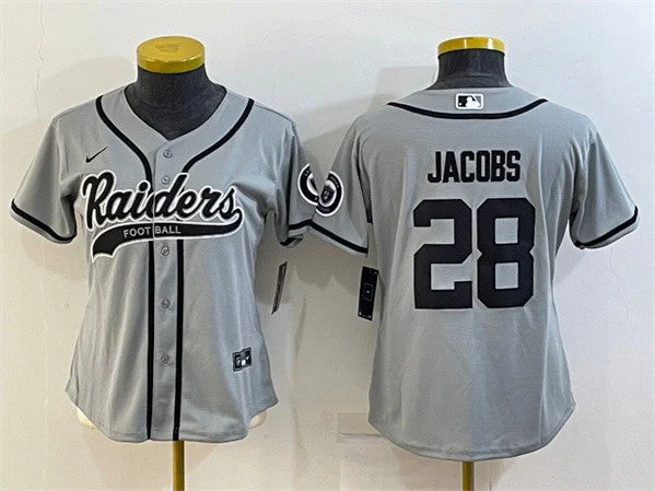 Baseball Jersey For Tournament Team Custom Orders-Women's Las Vegas Raiders #28 Josh Jacobs Gray With Patch Cool Base Stitched Baseball Jersey(Run Small)