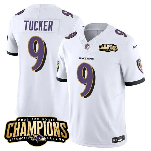 Football Jersey For Custom School Gear-Men's Baltimore Ravens #9 Justin Tucker White 2023 F.U.S.E. AFC North Champions Vapor Limited Football Stitched Jersey