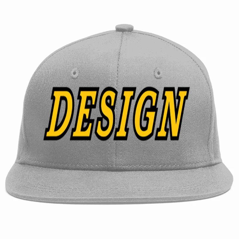 Baseball Cap For Personalized Family Gifts-Custom Gray Gold-Black Flat Eaves Sport Baseball Cap Design for Men/Women/Youth