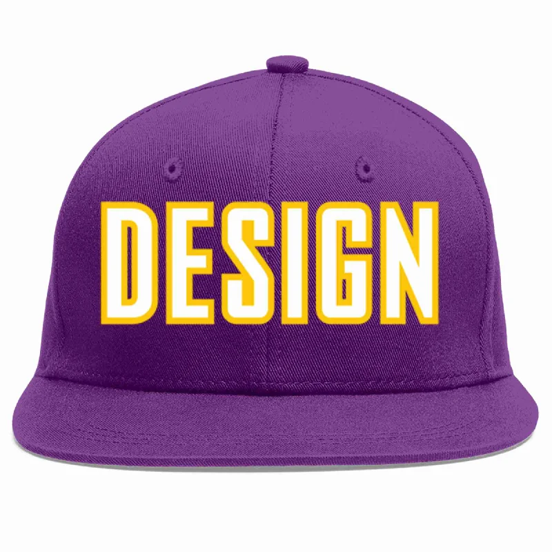 Baseball Cap For Custom Orders-Custom Purple White-Gold Flat Eaves Sport Baseball Cap Design for Men/Women/Youth