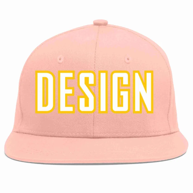 Baseball Cap For Charity Events-Custom Pink White-Gold Flat Eaves Sport Baseball Cap Design for Men/Women/Youth