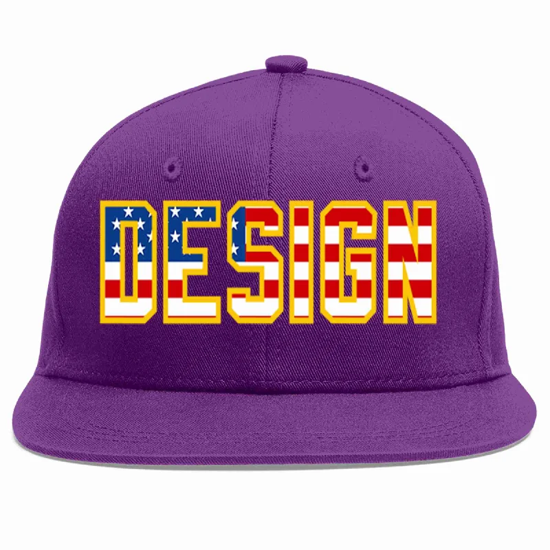 Baseball Cap For Official League Merchandise-Custom Purple Vintage USA Flag-Gold Flat Eaves Sport Baseball Cap Design for Men/Women/Youth