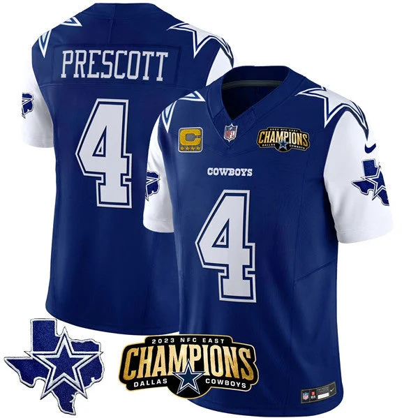 Football Jersey For Limited-Time Fan Gear-Men's Dallas Cowboys #4 Dak Prescott Blue/White 2023 F.U.S.E. NFC East Champions With 4-star C Ptach Football Stitched Jersey