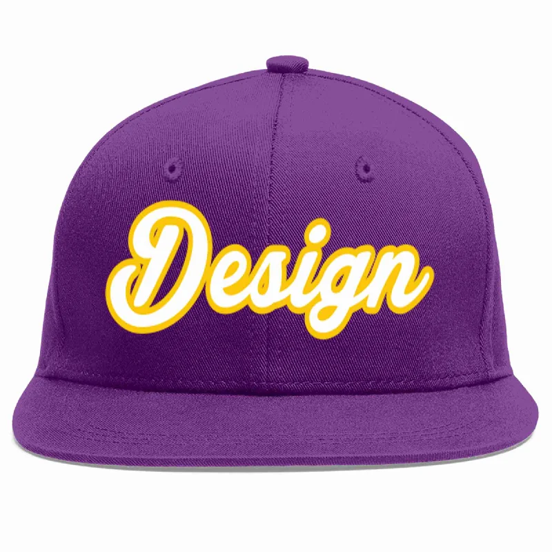 Baseball Cap With Custom Patch And Design-Custom Purple White-Gold Flat Eaves Sport Baseball Cap Design for Men/Women/Youth