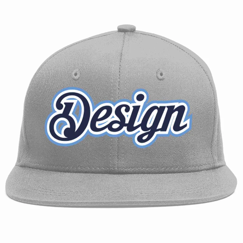 Baseball Cap For Baseball And Softball Seasons-Custom Gray Navy-White Flat Eaves Sport Baseball Cap Design for Men/Women/Youth