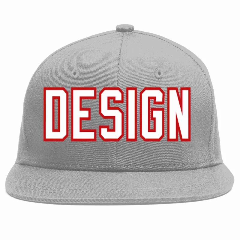 Baseball Cap For High School Fans-Custom Gray White-Red Flat Eaves Sport Baseball Cap Design for Men/Women/Youth